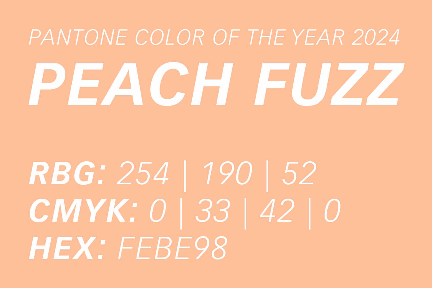 Pantone Farbe des Jahres 2024 Peach Fuzz umgewandelt als CMYK, RGB und HEX Werte