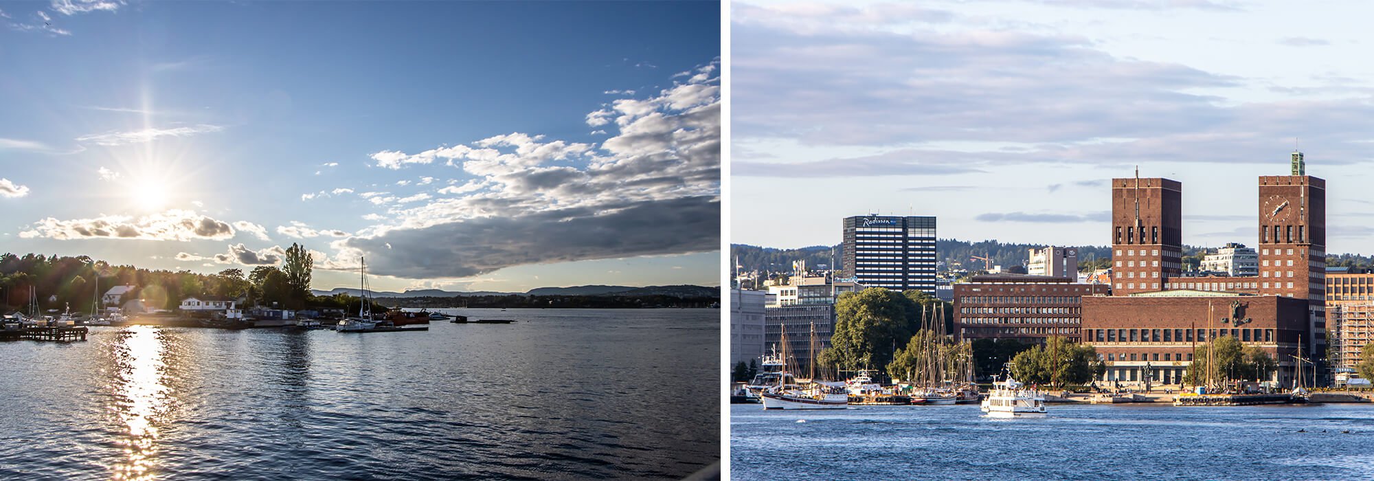 Workation in Norwegen, Fahrt mit den Ruder-Fähren direkt im Oslofjord mit Blick aufs Wasser und das Rathaus von Oslo
