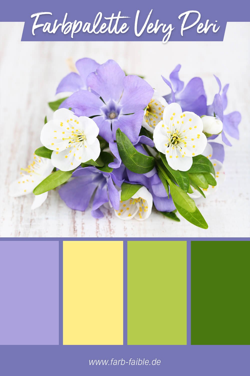 Pantone Farbe des Jahres 2022 Very Peri - Beispiel der Farbpalette mit Veilchenlila, Hellgelb, Hellgrün und Dunkelgrün