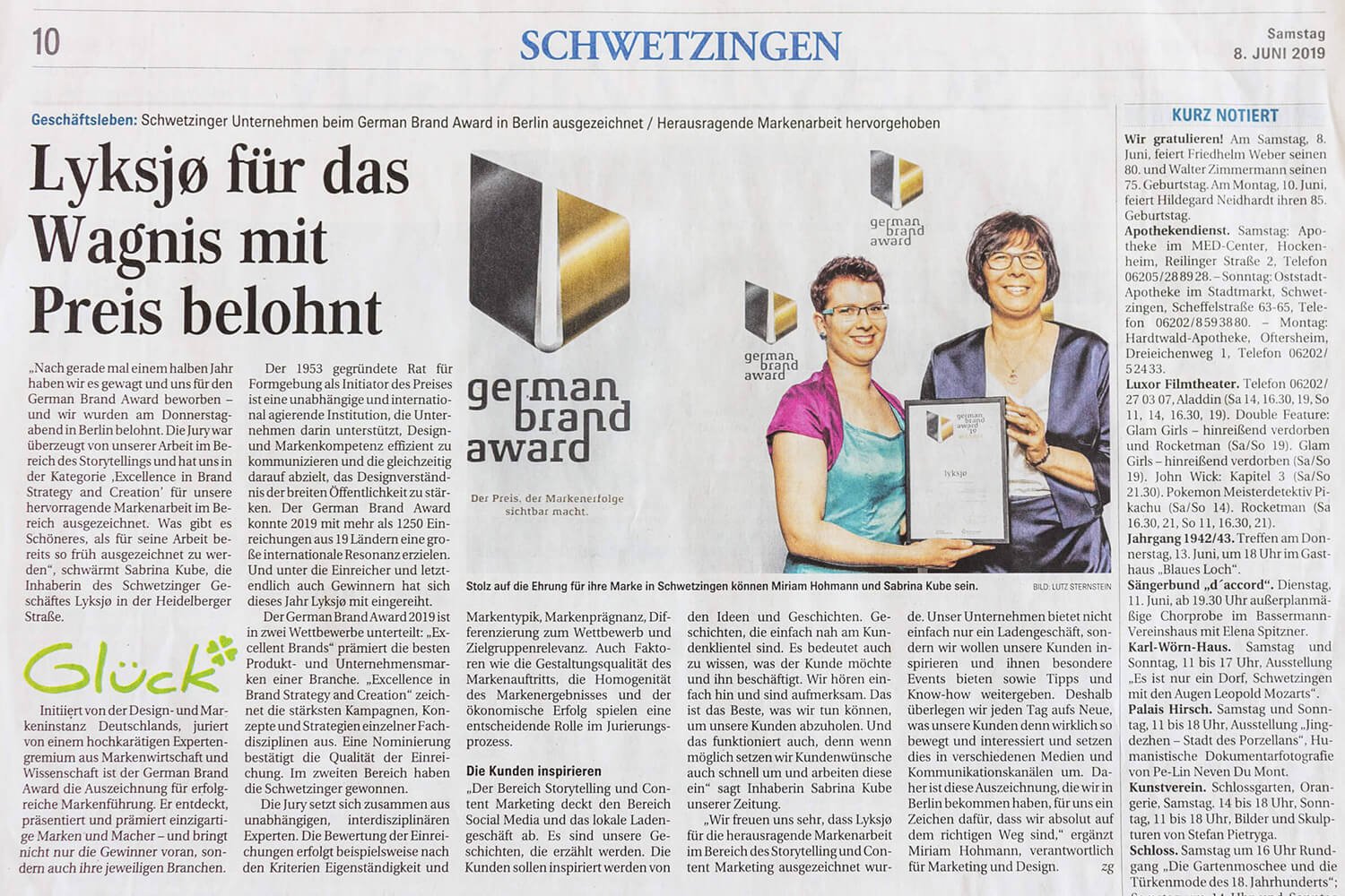 FarbFaible Pressebericht über German Brand Award in der Schwetzinger Zeitung