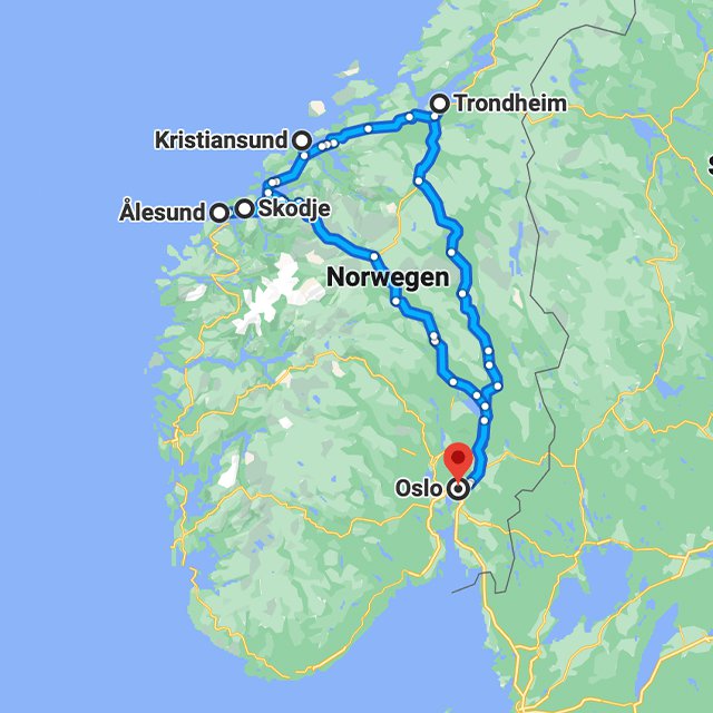 Workation in Norwegen, die gesamte Route auf einer Karte