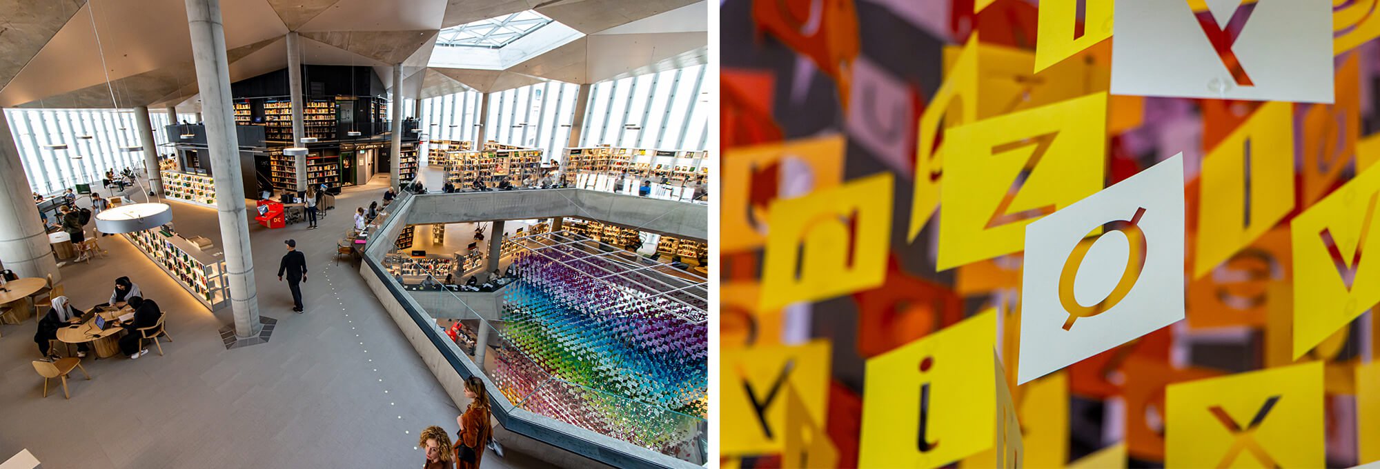 Workation in Norwegen, die Deichmann Bibliothek in Oslo innen, Ansicht Rolltreppe und Etage