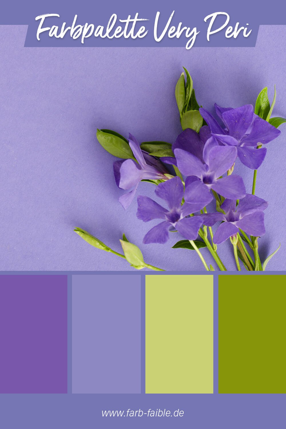 Pantone Farbe des Jahres 2022 Very Peri - Beispiel der Farbpalette mit Veilchenlila, Violett, Hellgrün und Dunkelgrün