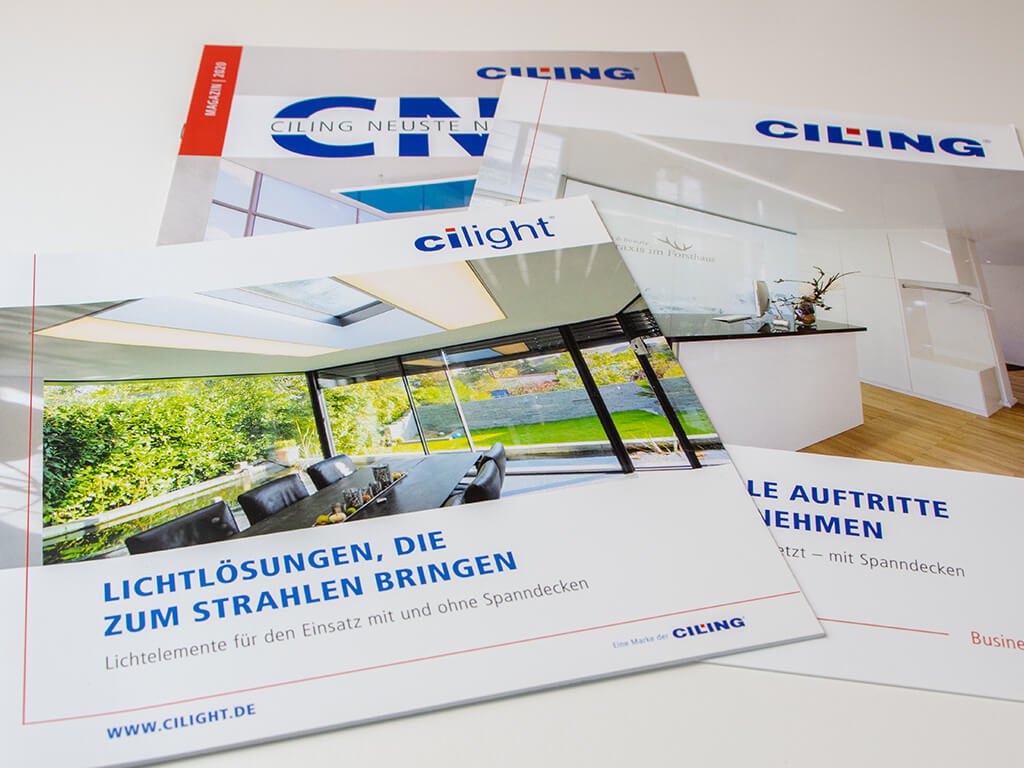 Broschürenkonzept, Design und Text für CILING Decken und Licht GmbH