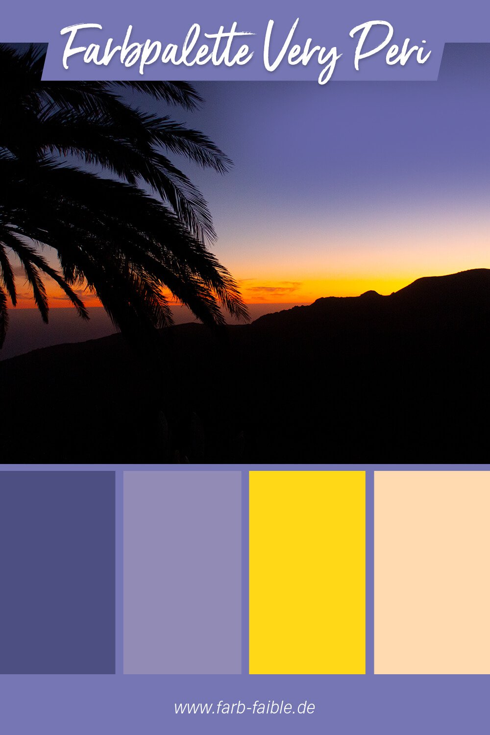 Pantone Farbe des Jahres 2022 Very Peri Beispiel der Farbpalette in Blau, Orange, Violett